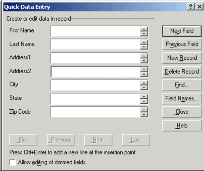 Quick data entry window